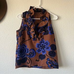 Brown and blue floral satin blouse